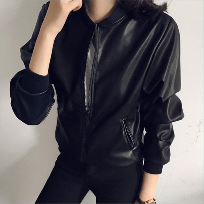 2018 Autumn PU Leather Jacket Women Black Color Washed Short Jacket O-Neck Zippers Slim Coats Ladies Solid Color